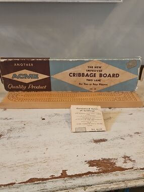 Vintage ACME Two-Lane Cribbage Board with Original Blue and Brown Box